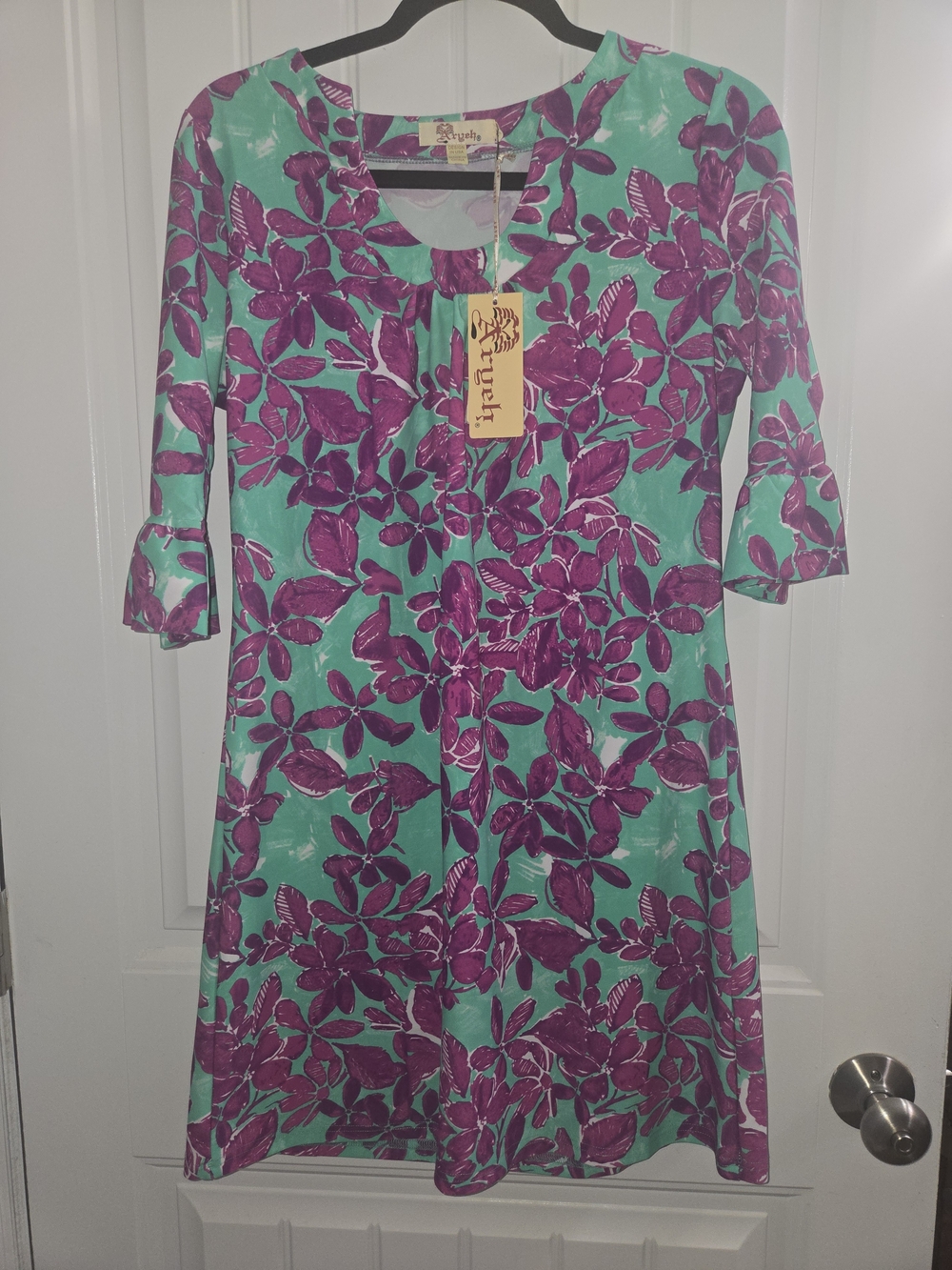 Aryeh Floral Print Scoop Neck Dress in Teal and Purple